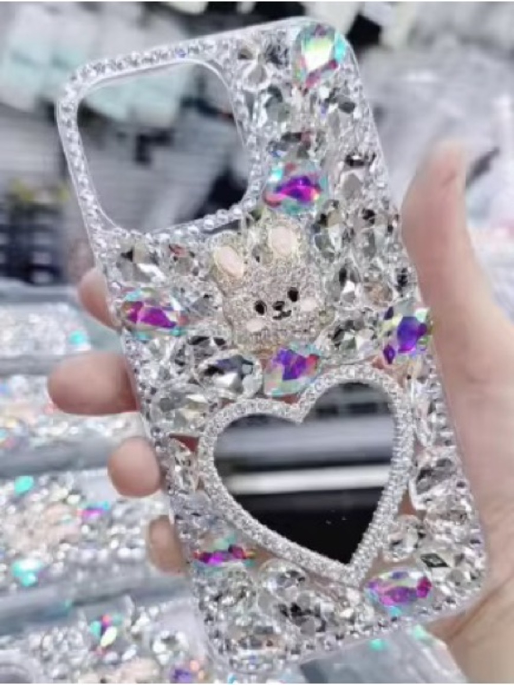 Sparkling Crystal Bunny Phone Case with Heart Mirror